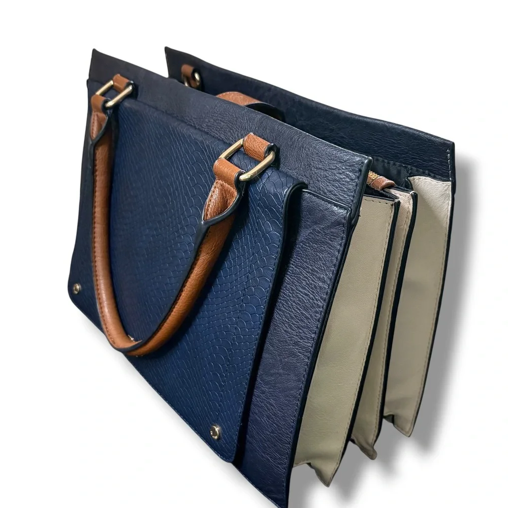 Dune London Navy Blue Snakeskin Embossed Satchel Bag Tan Handles Gold Hardware